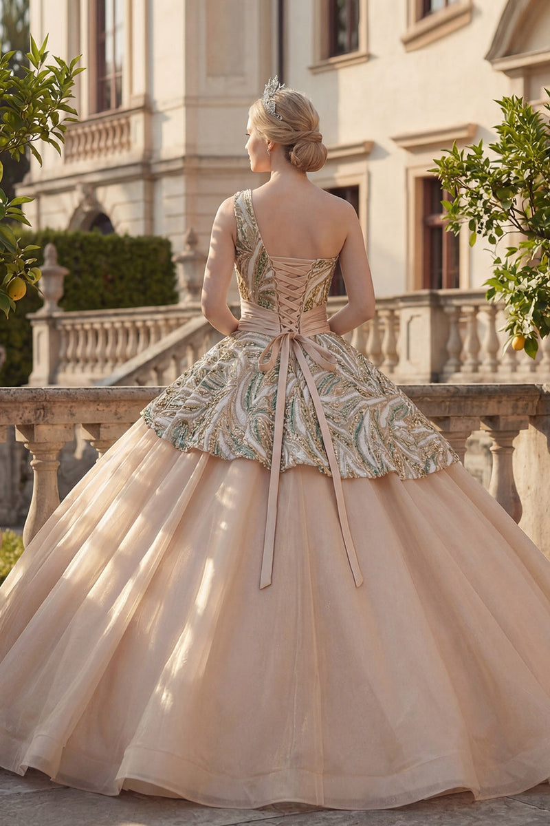 Load image into Gallery viewer, Sparkly Champagne Ruched Sequin One Shoulder Princess Long Quinceanera Dress