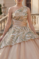 Load image into Gallery viewer, Sparkly Champagne Ruched Sequin One Shoulder Princess Long Quinceanera Dress