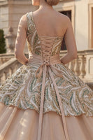 Load image into Gallery viewer, Sparkly Champagne Ruched Sequin One Shoulder Princess Long Quinceanera Dress
