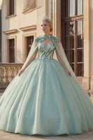 Load image into Gallery viewer, Sparkly Mint Green Long Princess Sequin Quinceanera Dress with Cape
