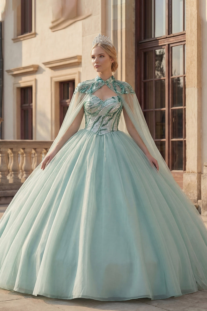 Load image into Gallery viewer, Sparkly Mint Green Long Princess Sequin Quinceanera Dress with Cape