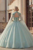 Load image into Gallery viewer, Sparkly Mint Green Long Princess Sequin Quinceanera Dress with Cape