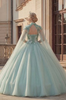 Sparkly Mint Green Long Princess Sequin Quinceanera Dress with Cape