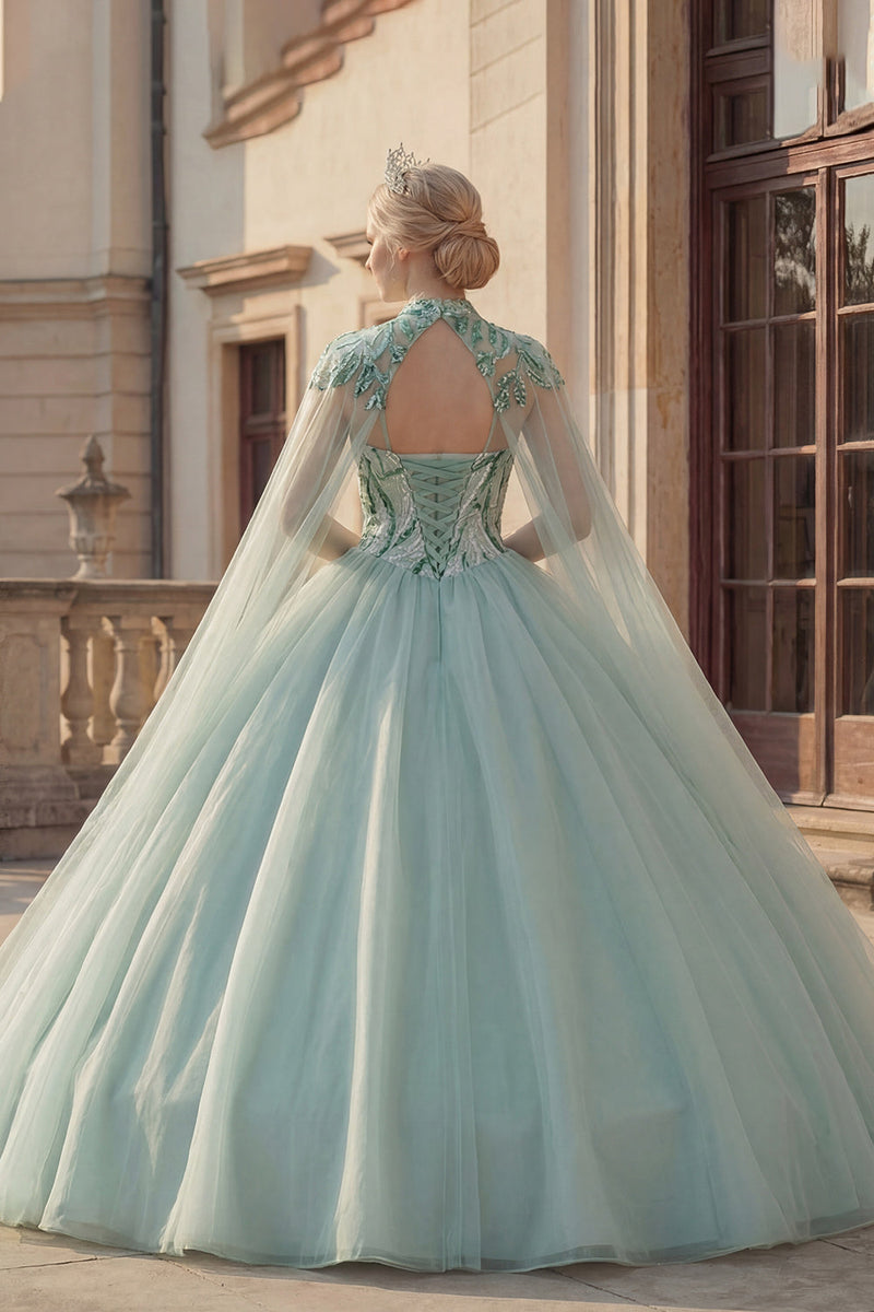 Load image into Gallery viewer, Sparkly Mint Green Long Princess Sequin Quinceanera Dress with Cape