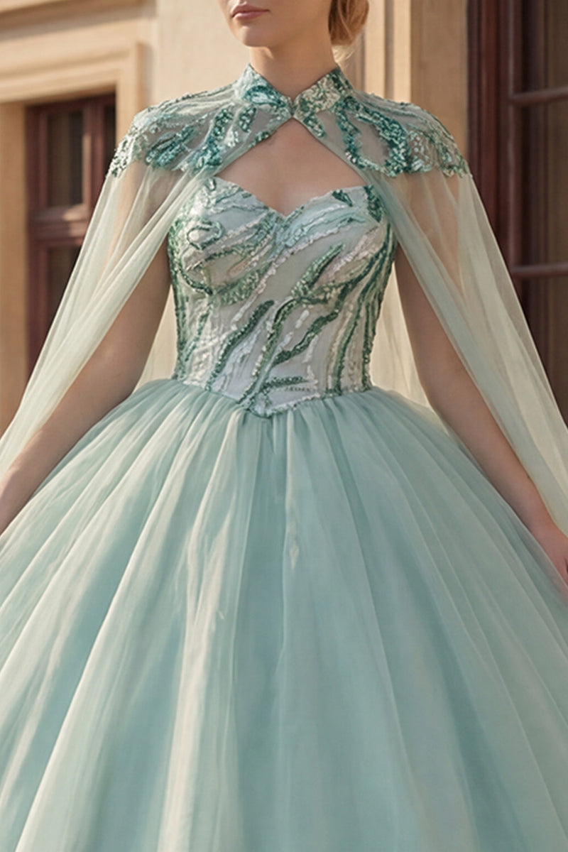 Load image into Gallery viewer, Sparkly Mint Green Long Princess Sequin Quinceanera Dress with Cape