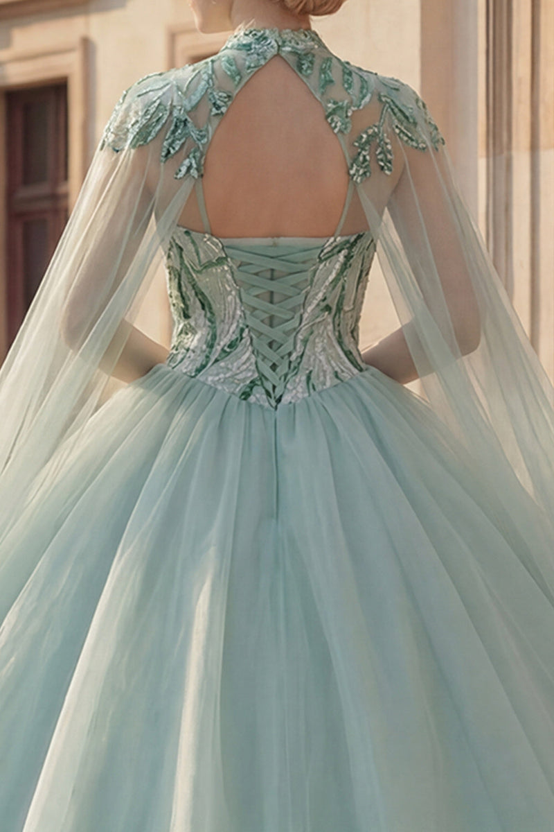 Load image into Gallery viewer, Sparkly Mint Green Long Princess Sequin Quinceanera Dress with Cape