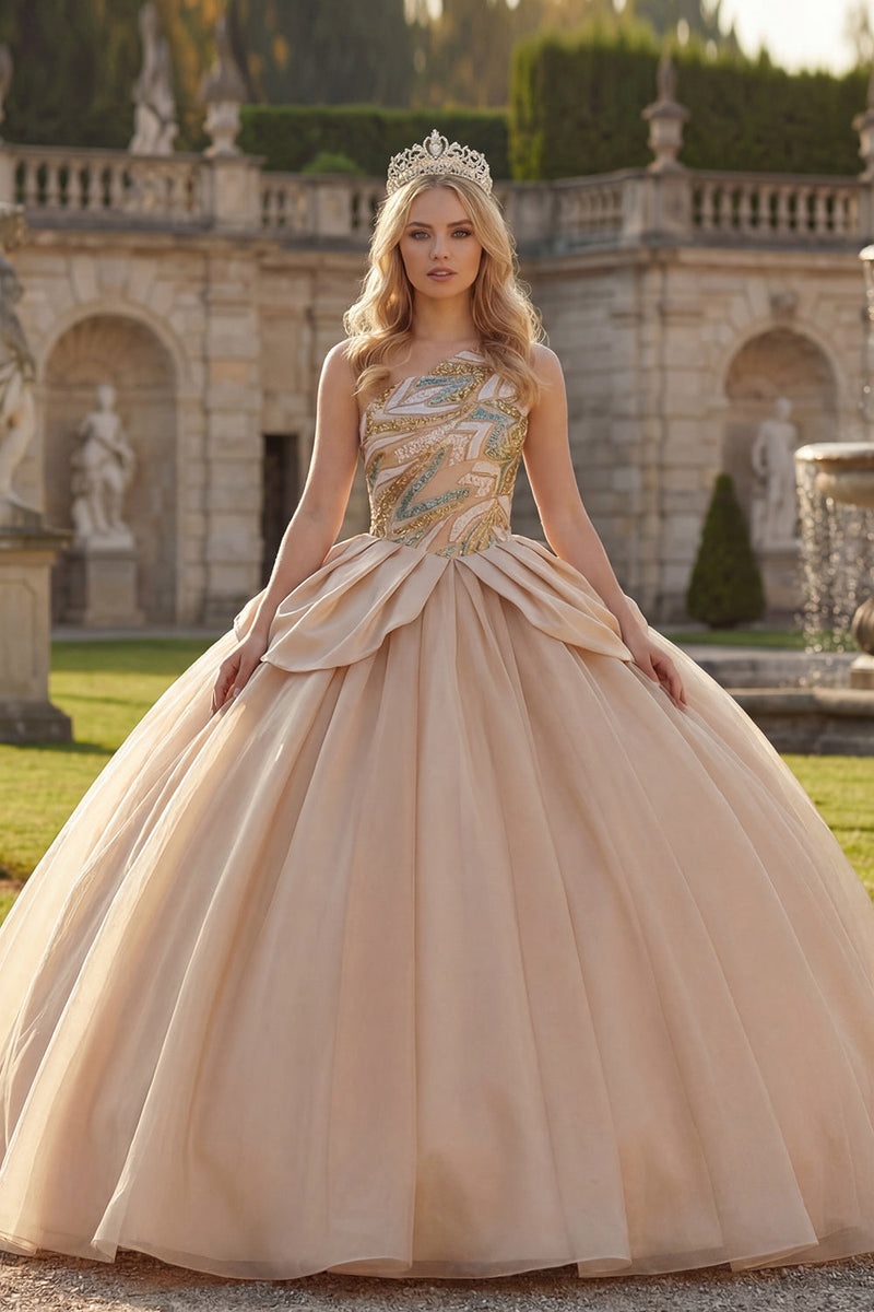 Load image into Gallery viewer, Long Sparkly Sequin Champagne Princess Quinceanera Dress with Ruffles