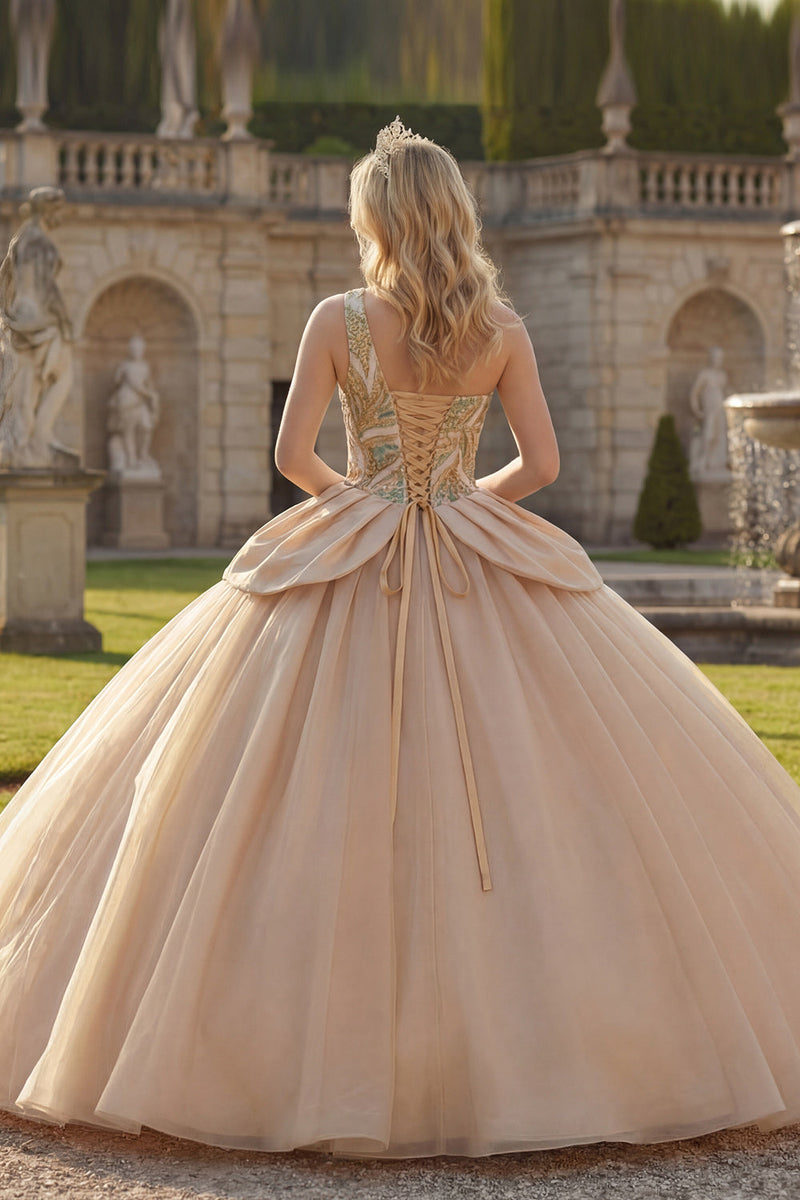Load image into Gallery viewer, Long Sparkly Sequin Champagne Princess Quinceanera Dress with Ruffles