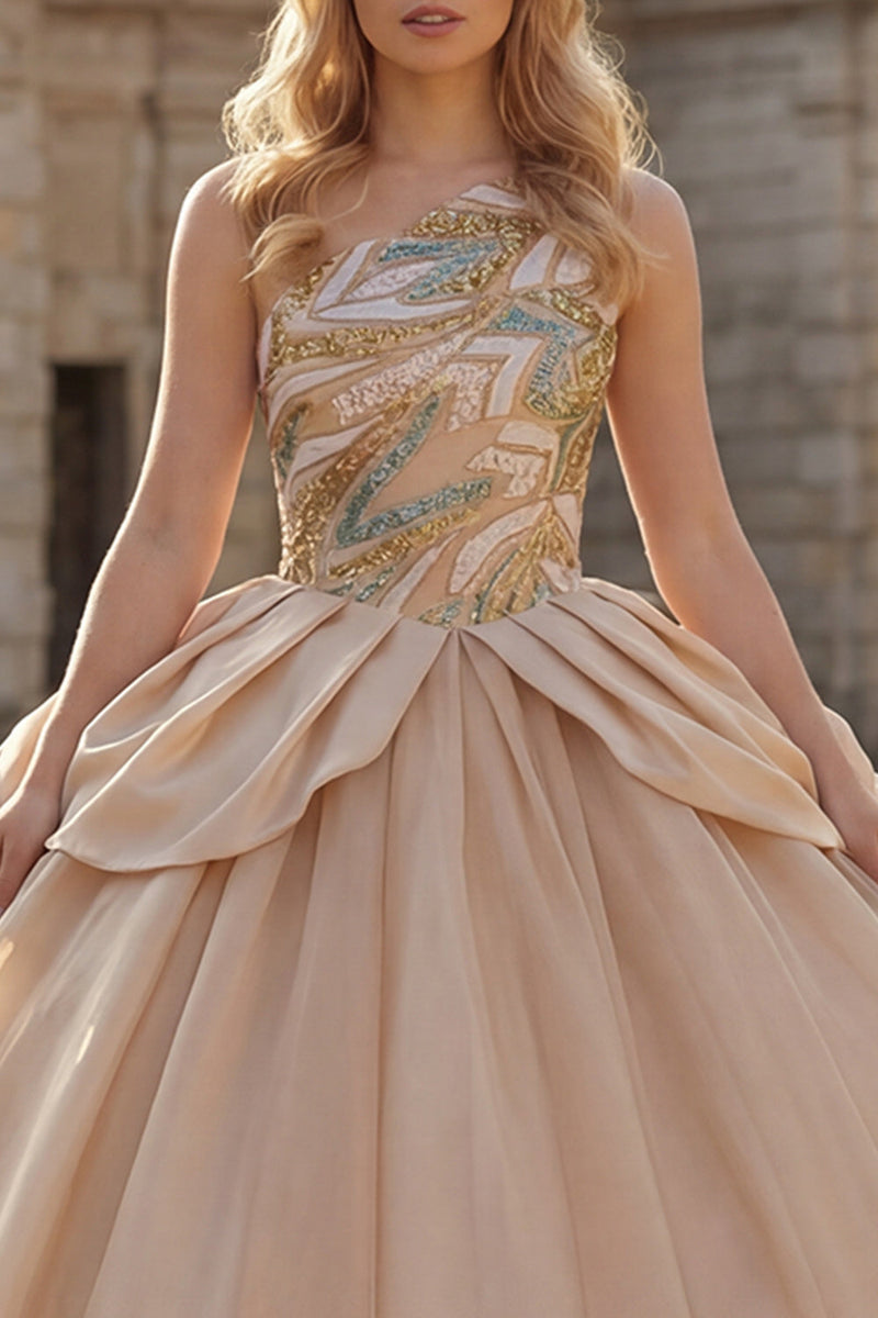 Load image into Gallery viewer, Long Sparkly Sequin Champagne Princess Quinceanera Dress with Ruffles
