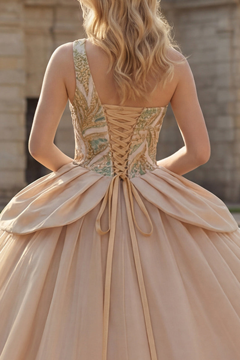 Load image into Gallery viewer, Long Sparkly Sequin Champagne Princess Quinceanera Dress with Ruffles