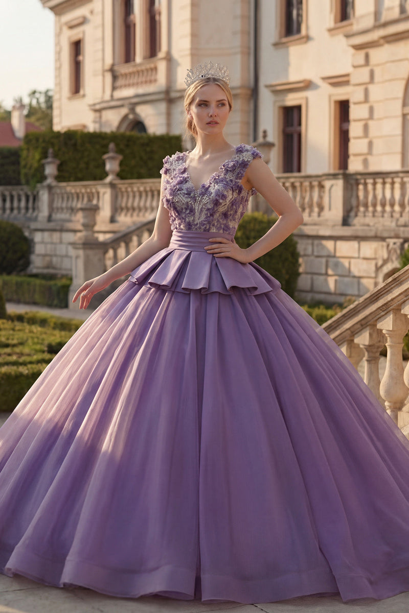 Load image into Gallery viewer, Floral V-Neck Purple Princess Long Quinceanera Dress with Ruffles