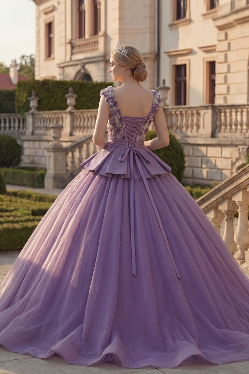 Load image into Gallery viewer, Floral V-Neck Purple Princess Long Quinceanera Dress with Ruffles
