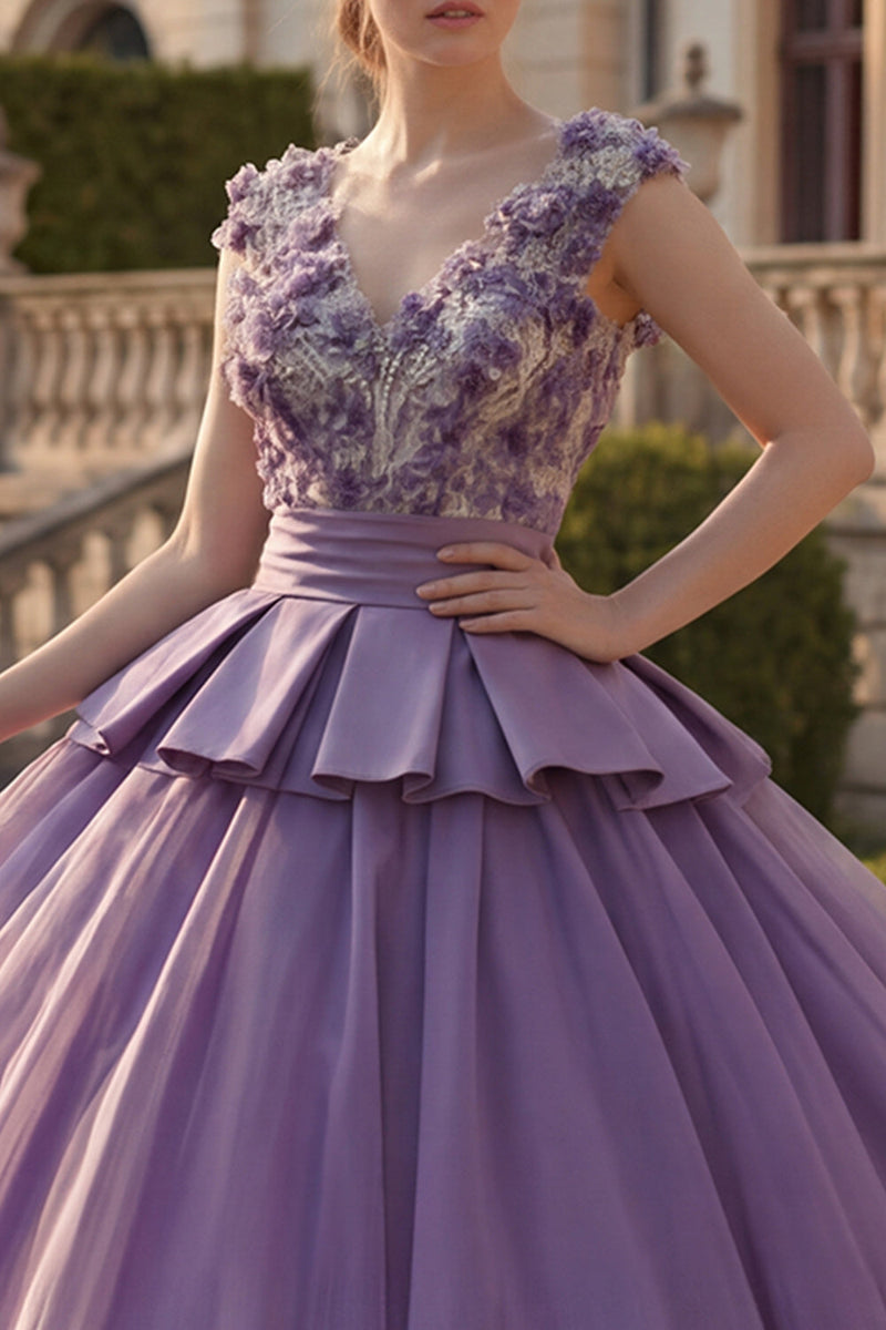 Load image into Gallery viewer, Floral V-Neck Purple Princess Long Quinceanera Dress with Ruffles