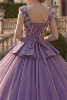Load image into Gallery viewer, Floral V-Neck Purple Princess Long Quinceanera Dress with Ruffles