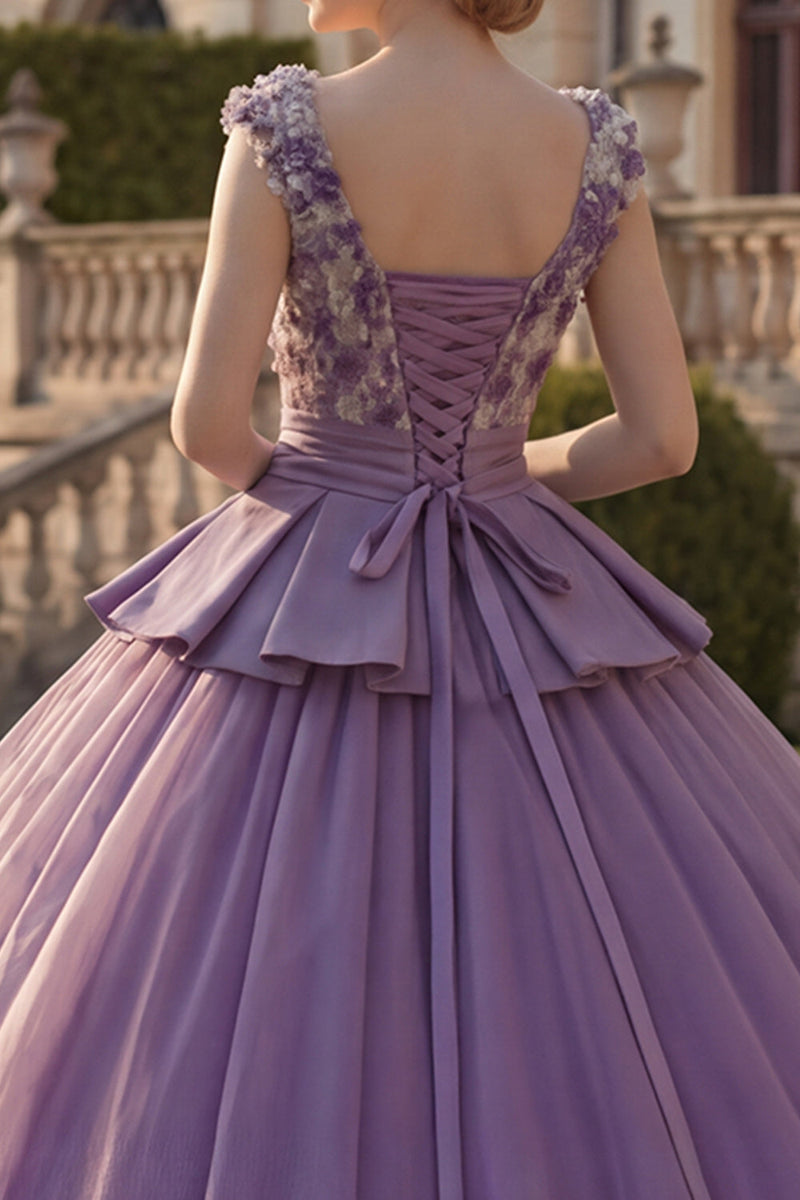 Load image into Gallery viewer, Floral V-Neck Purple Princess Long Quinceanera Dress with Ruffles