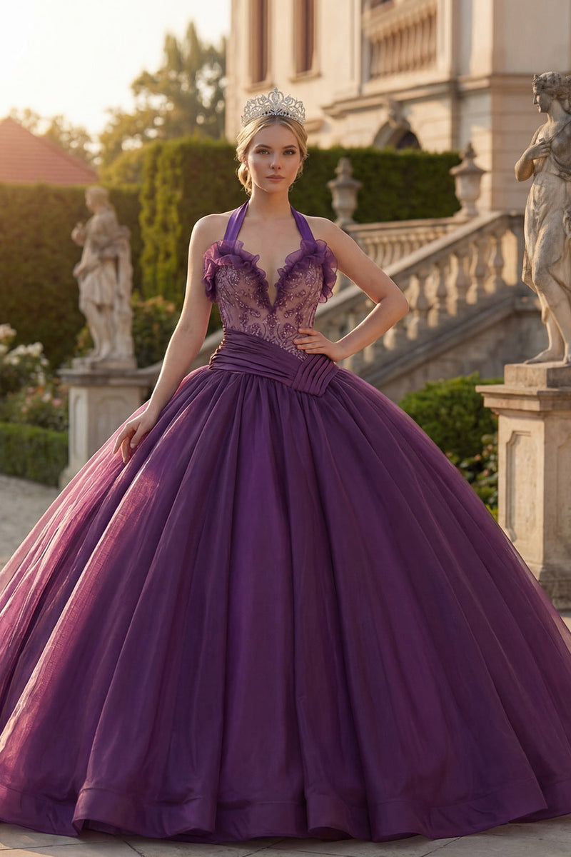 Load image into Gallery viewer, Dark Purple Halter Beaded Princess Long Quinceanera Dress with Ruffles