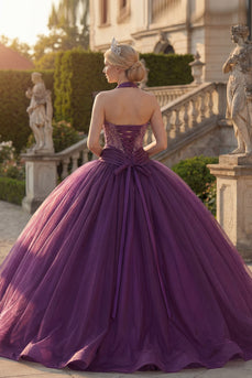 Dark Purple Halter Beaded Princess Long Quinceanera Dress with Ruffles