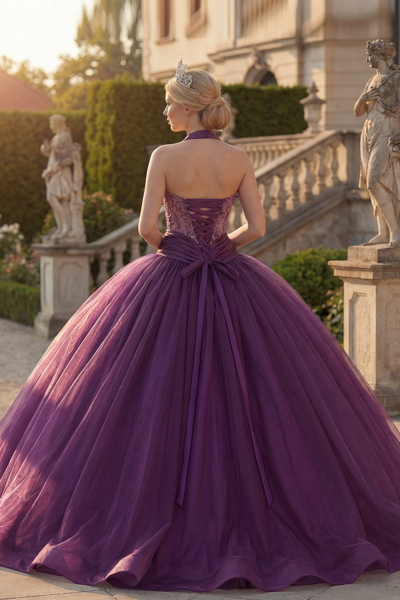 Load image into Gallery viewer, Dark Purple Halter Beaded Princess Long Quinceanera Dress with Ruffles