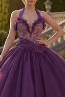 Load image into Gallery viewer, Dark Purple Halter Beaded Princess Long Quinceanera Dress with Ruffles