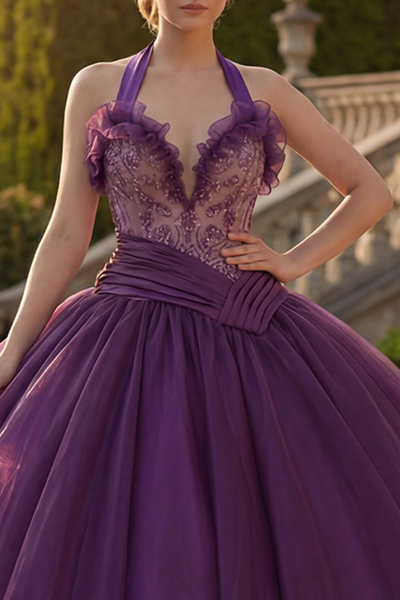 Load image into Gallery viewer, Dark Purple Halter Beaded Princess Long Quinceanera Dress with Ruffles
