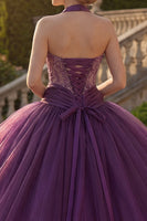 Load image into Gallery viewer, Dark Purple Halter Beaded Princess Long Quinceanera Dress with Ruffles