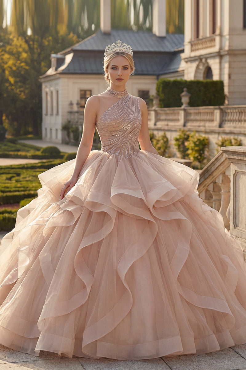 Load image into Gallery viewer, Sparkly Champagne Princess Ruffled Long Quinceanera Dress with Beading