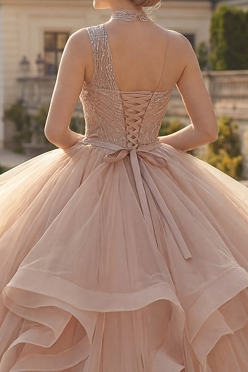 Load image into Gallery viewer, Sparkly Champagne Princess Ruffled Long Quinceanera Dress with Beading