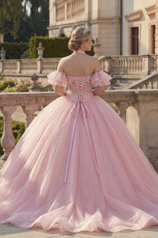 Floral Halter Pink Ruffled Princess Long Quinceanera Dress with Beading