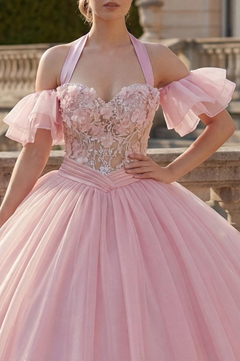 Load image into Gallery viewer, Floral Halter Pink Ruffled Princess Long Quinceanera Dress with Beading