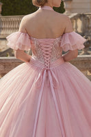 Load image into Gallery viewer, Floral Halter Pink Ruffled Princess Long Quinceanera Dress with Beading