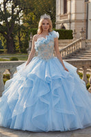 Load image into Gallery viewer, Ruffled Sky Blue Long Princess One Shoulder Quinceanera Dress with Lace