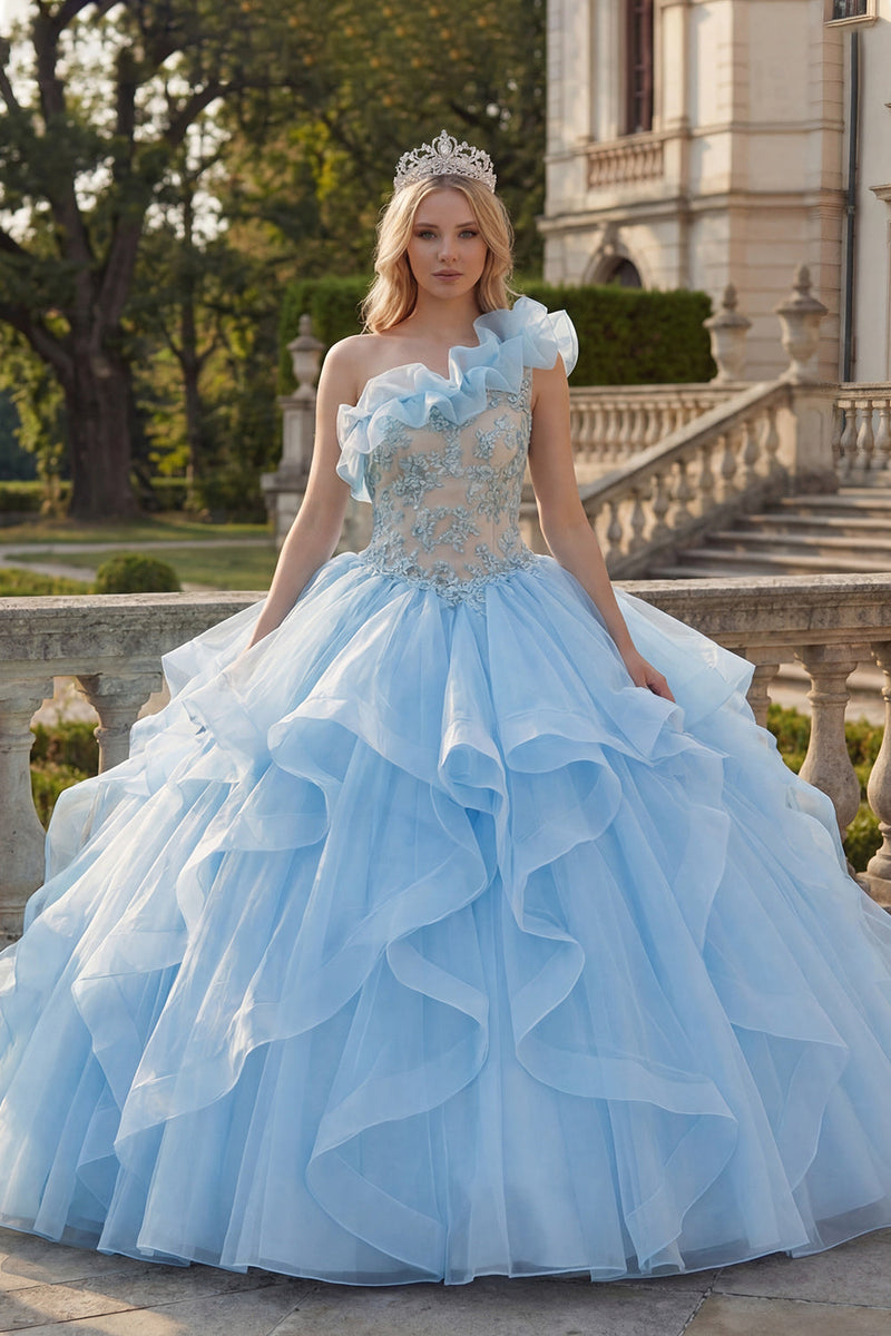 Load image into Gallery viewer, Ruffled Sky Blue Long Princess One Shoulder Quinceanera Dress with Lace