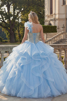 Ruffled Sky Blue Long Princess One Shoulder Quinceanera Dress with Lace