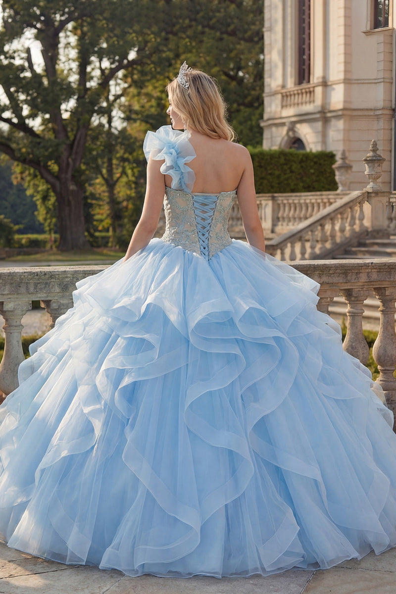 Load image into Gallery viewer, Ruffled Sky Blue Long Princess One Shoulder Quinceanera Dress with Lace
