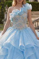Load image into Gallery viewer, Ruffled Sky Blue Long Princess One Shoulder Quinceanera Dress with Lace