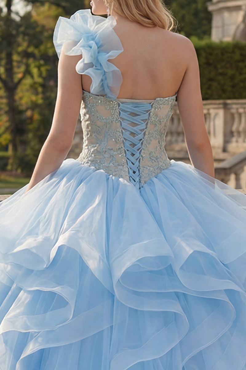 Load image into Gallery viewer, Ruffled Sky Blue Long Princess One Shoulder Quinceanera Dress with Lace