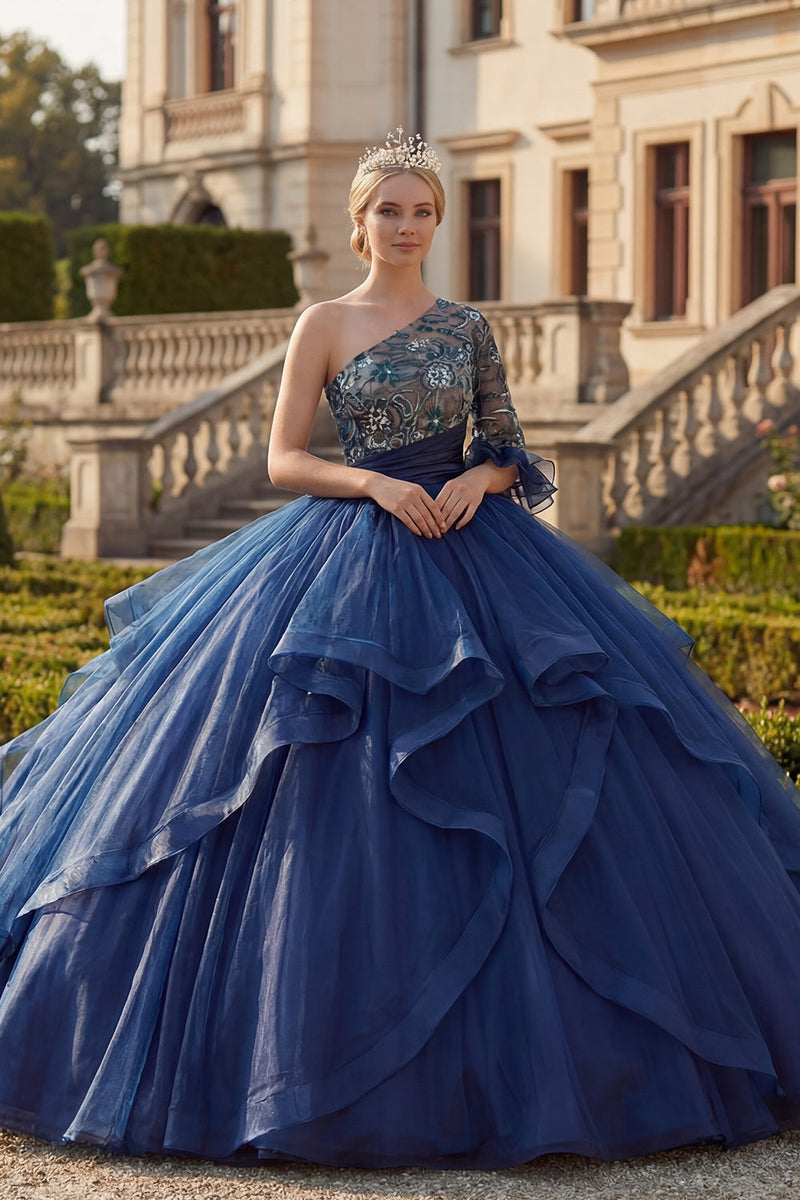 Load image into Gallery viewer, Navy Floral One Shoulder Princess Long Quinceanera Dress with Ruffles