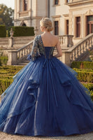 Load image into Gallery viewer, Navy Floral One Shoulder Princess Long Quinceanera Dress with Ruffles