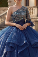 Load image into Gallery viewer, Navy Floral One Shoulder Princess Long Quinceanera Dress with Ruffles