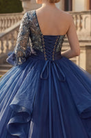 Load image into Gallery viewer, Navy Floral One Shoulder Princess Long Quinceanera Dress with Ruffles
