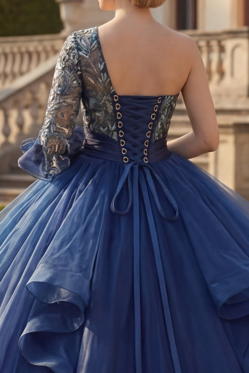 Load image into Gallery viewer, Navy Floral One Shoulder Princess Long Quinceanera Dress with Ruffles