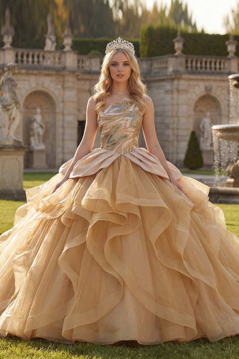 Load image into Gallery viewer, Ruffled Long Sparkly Sequin Champagne Princess Quinceanera Dress