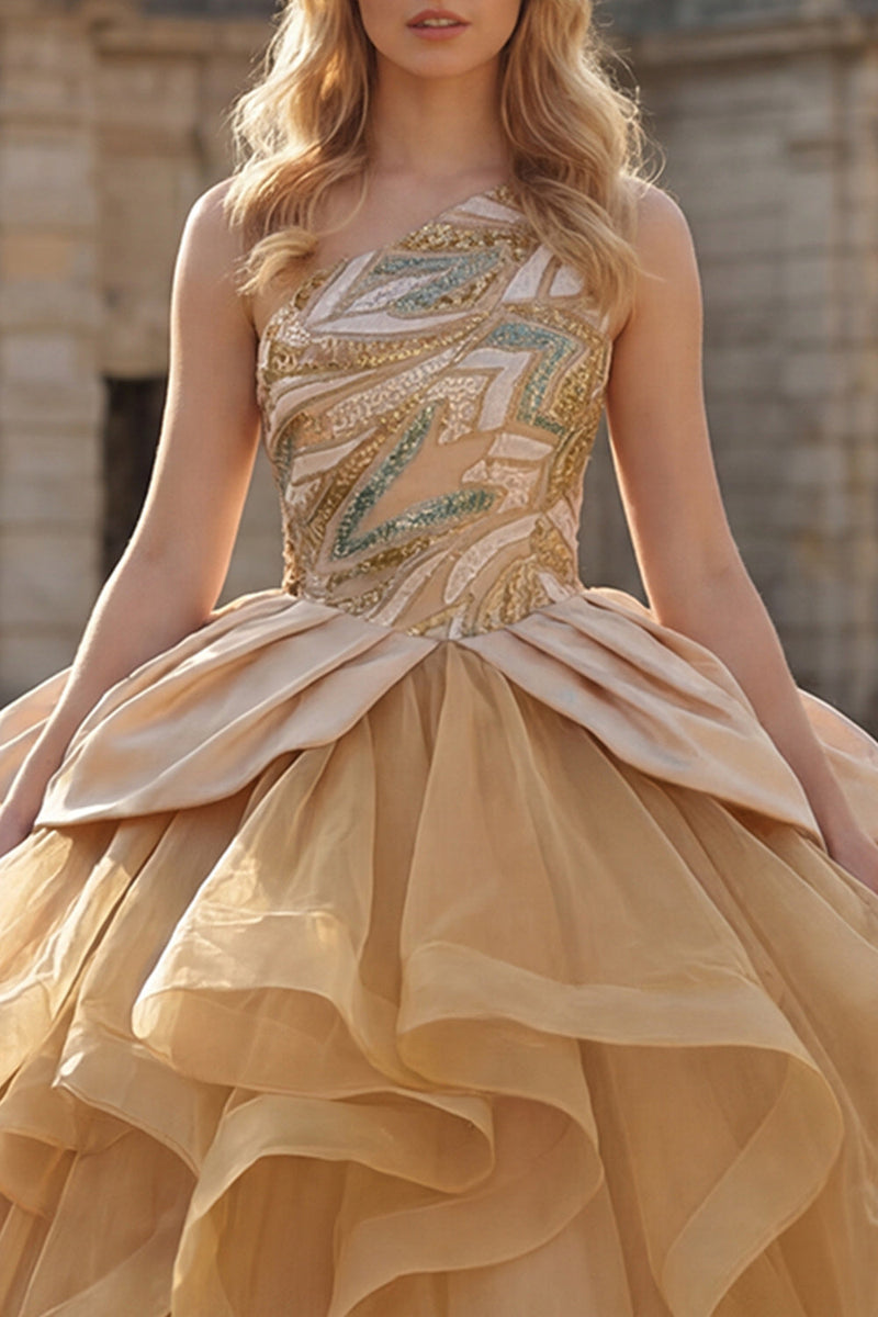 Load image into Gallery viewer, Ruffled Long Sparkly Sequin Champagne Princess Quinceanera Dress
