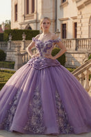 Load image into Gallery viewer, Off the Shoulder Purple Ruched Floral Princess Long Quinceanera Dress