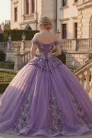 Load image into Gallery viewer, Off the Shoulder Purple Ruched Floral Princess Long Quinceanera Dress