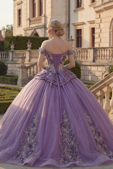 Off the Shoulder Purple Ruched Floral Princess Long Quinceanera Dress