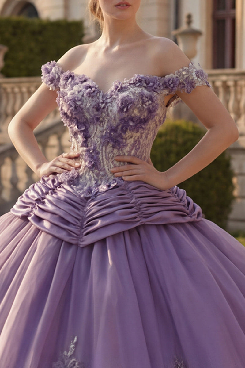 Load image into Gallery viewer, Off the Shoulder Purple Ruched Floral Princess Long Quinceanera Dress