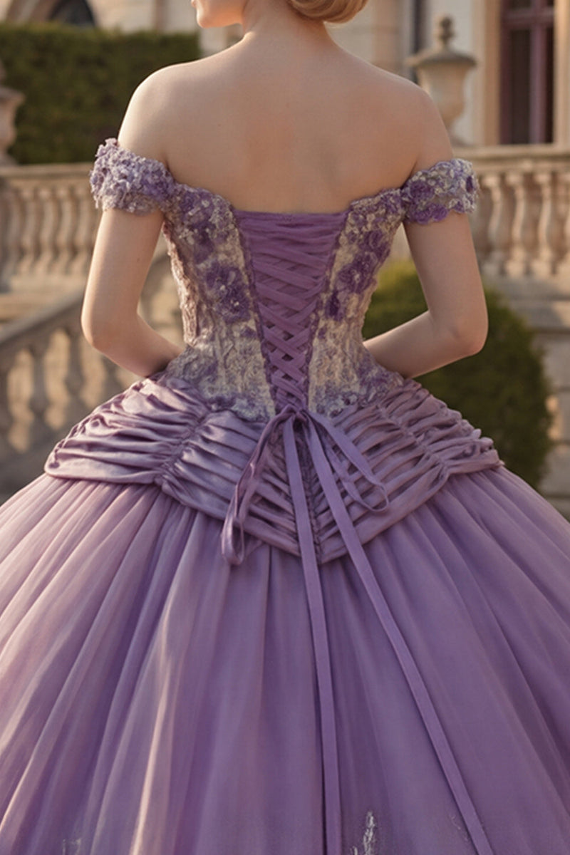 Load image into Gallery viewer, Off the Shoulder Purple Ruched Floral Princess Long Quinceanera Dress