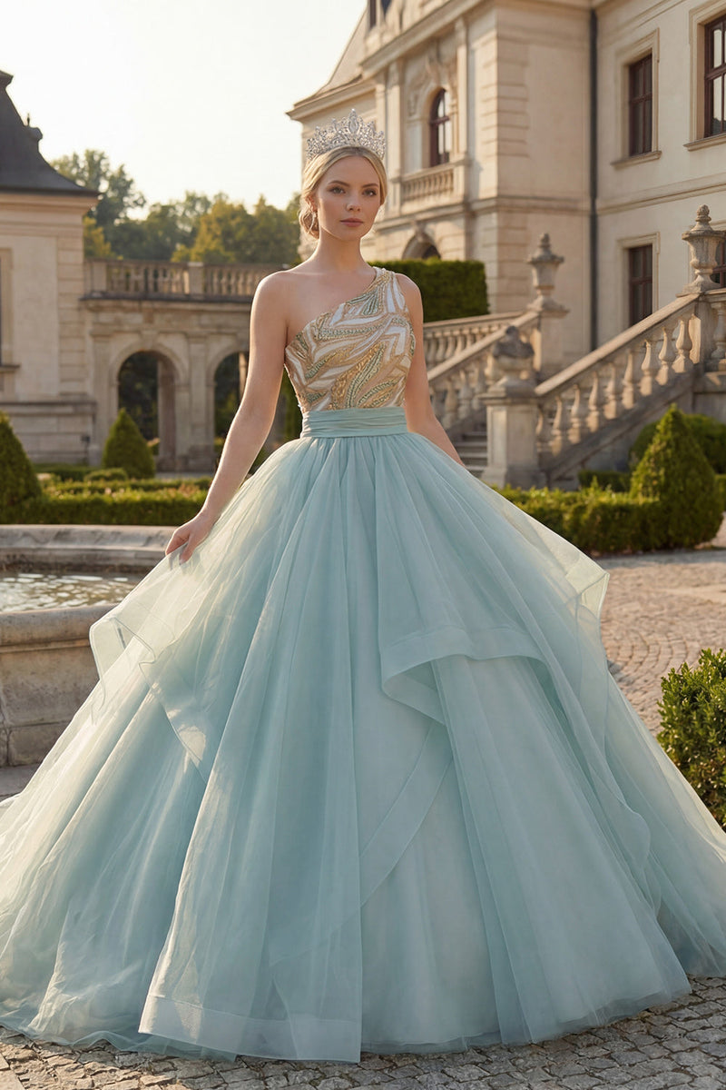 Load image into Gallery viewer, Sparkly Long Dusty Blue Sequin Princess Quinceanera Dress with Ruffles