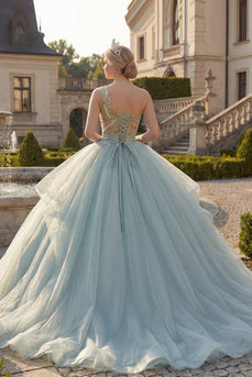 Sparkly Long Dusty Blue Sequin Princess Quinceanera Dress with Ruffles